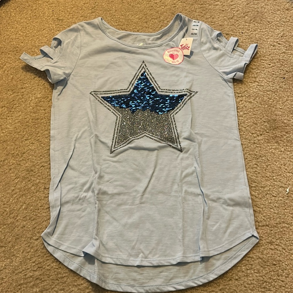Justice tee with reversible sequins! Never worn, tags on